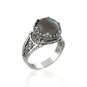 Greek Key Pattern Filigree Art Gray Moonstone Gemstone Women Silver Cocktail Ring - Elegant and Versatile