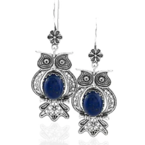 Filigree Art Owl Figured Lapis Lazuli Gemstone Women Silver Dangle Earrings