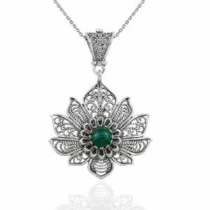 Filigree Art Silver Lotus Flower Malachite Gemstone Women Pendant Necklace