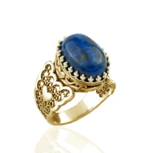 Double Heart Detailed Lapis Lazuli Gemstone Filigree Art Gold Plated Sterling Silver Women Statement Ring