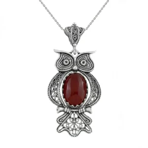 Filigree Art Owl Pendant Necklace with Carnelian Gemstone - Silver, Women's Jewelry