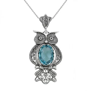 Filigree Art Owl Pendant Necklace with Blue Topaz Gemstone