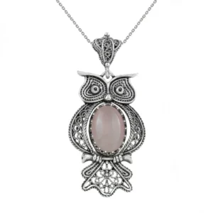 Filigree Art Owl Figured Rose Quartz Gemstone Women Silver Pendant Necklace - Elegant and Unique Design