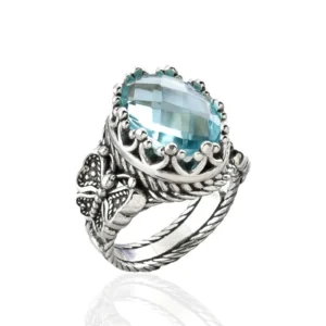Blue Topaz Gemstone Filigree Art Double Butterfly Detailed Women Silver Statement Ring