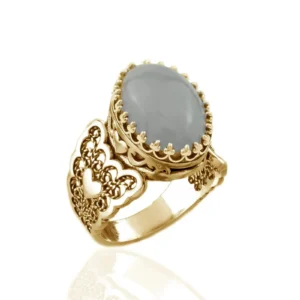 Double Heart Detailed Gray Moonstone Gemstone Filigree Art Gold Plated Sterling Silver Women Statement Ring