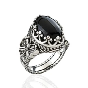 Black Onyx Gemstone Filigree Art Double Butterfly Detailed Women Silver Statement Ring