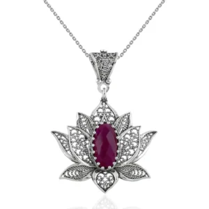 Filigree Art Ruby Corundum Gemstone Blossoming Lotus Flower Women Silver Pendant Necklace