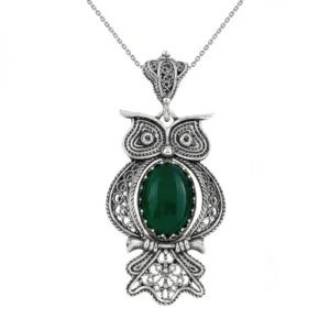 Filigree Art Owl Figured Green Agate Gemstone Women Silver Pendant Necklace