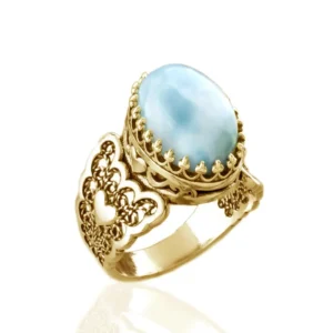 Double Heart Detailed Larimar Gemstone Filigree Art Gold Plated Sterling Silver Women Statement Ring