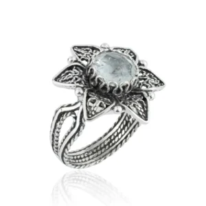 Filigree Art Black Rutile Gemstone Daisy Flower Women Silver Cocktail Ring