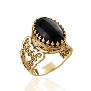 Double Heart Detailed Black Onyx Gemstone Filigree Art Gold Plated Sterling Silver Women Statement Ring