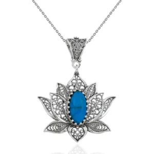 Filigree Art Turquoise Gemstone Blossoming Lotus Flower Women Silver Pendant Necklace