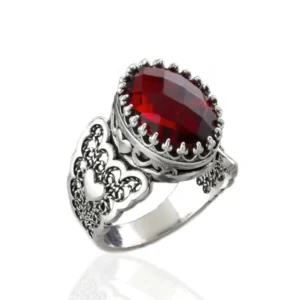 Ruby Quartz Gemstone Double Heart Detailed Filigree Art 925 Sterling Silver Women Statement Ring