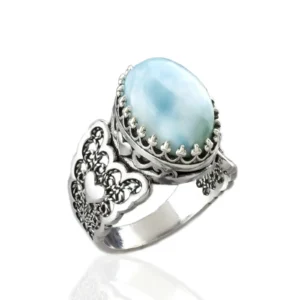 Larimar Gemstone Double Heart Detailed Filigree Art 925 Sterling Silver Women Statement Ring