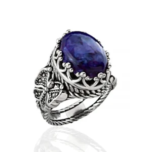 Charoite Gemstone Filigree Art Double Butterfly Silver Statement Ring