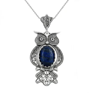 Filigree Art Owl Figured Lapis Lazuli Gemstone Silver Pendant Necklace