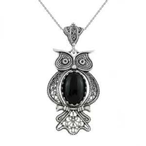 Filigree Art Owl Figured Black Onyx Gemstone Women Silver Pendant Necklace - Elegant Jewelry for Any Occasion