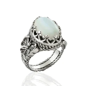 Mother of Pearl Gemstone Filigree Art Double Butterfly Detailed Women Silver Statement Ring