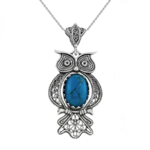 Elegant Filigree Art Owl Turquoise Gemstone Women Silver Pendant Necklace - 925 Sterling Silver