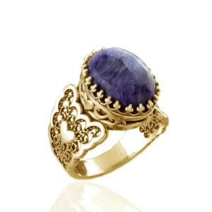 Double Heart Detailed Charoite Gemstone Filigree Art Gold Plated Sterling Silver Women Statement Ring