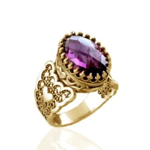 Double Heart Detailed Amethyst Gemstone Filigree Art Gold Plated Sterling Silver Women Statement Ring