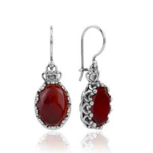 Filigree Art Carnelian Gemstone Crown Figured Women Silver Oval Drop Earrings - Elegant and Timeless Jewelry