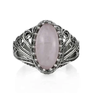 Filigree Art Rose Quartz Gemstone Angel Design Women Silver Cocktail Ring