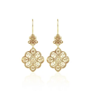 Elegant Filigree Art Flower Design Gold Plated Sterling Silver Women's Dangle Drop Earrings - Antique Finish, Perfect for Gifting