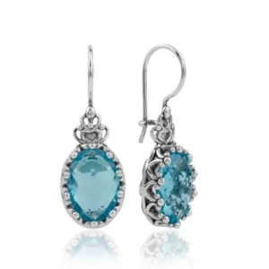Filigree Art Blue Topaz Gemstone Crown Figured Women Silver Oval Drop Earrings | Exquisite Craftsmanship | Handcrafted Design