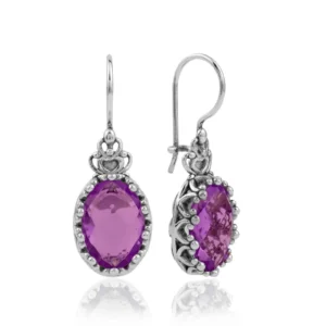 Filigree Art Amethyst Gemstone Crown Figured Women Silver Oval Drop Earrings - Unique and Handcrafted