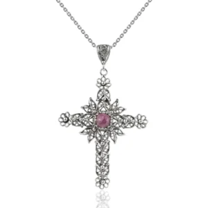 Filigree Art Rhodonite Gemstone Women Silver Cross Pendant Necklace