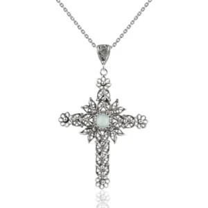 Filigree Art Aqua Chalcedony Gemstone Women Silver Cross Pendant Necklace - Handcrafted, Tranquil Design
