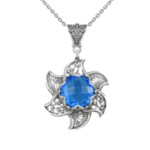 Sterling Silver Filigree Blue Quartz Lotus Flower Pendant Necklace