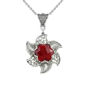 Sterling Silver Filigree Ruby Gemstone Blossoming Lotus Flower Pendant Necklace