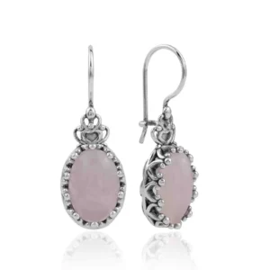 Filigree Art Rose Quartz Gemstone Crown Silver Oval Drop Earrings