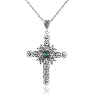 Filigree Art Malachite Gemstone Women Silver Cross Pendant Necklace | Unique Design, Handcrafted, Healing Properties