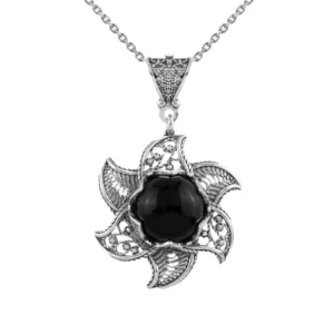Sterling Silver Filigree Black Onyx Gemstone Blossoming Lotus Flower Pendant Necklace
