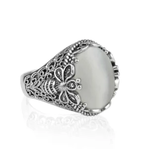 Filigree Art Bee Detailed Mother Of Pearl Gemstone Women's Silver Statement Ring