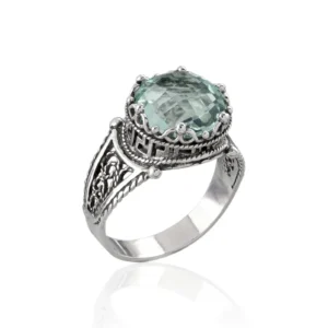 Greek Key Pattern Filigree Art Aquamarine Gemstone Women's Silver Cocktail Ring