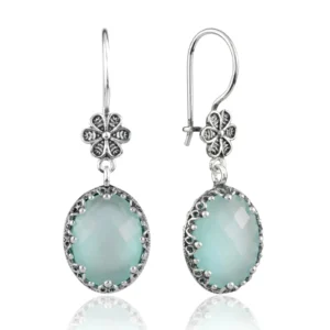 Filigree Art Aqua Chalcedony Gemstone Women Silver Oval Dangle Earrings