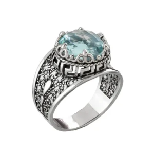Meander Pattern Filigree Art Aquamarine Gemstone Women Silver Cocktail Ring - Elegance and Style