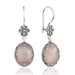 Filigree Art Pink Chalcedony Gemstone Women Silver Oval Dangle Earrings