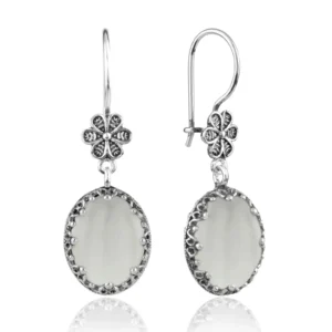 Elegant Filigree Art Mother of Pearl Gemstone Women Silver Oval Dangle Earrings | 925 Sterling Silver