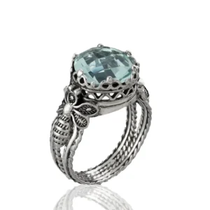 Bee Detailed Aquamarine Gemstone Filigree Art Women Silver Cocktail Ring - Handcrafted Jewelry