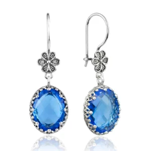 Filigree Art Blue Quartz Gemstone Women Silver Oval Dangle Earrings - Handmade Jewelry