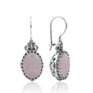 Elegant Filigree Art Rose Quartz Gemstone Heart Women Silver Oval Drop Earrings