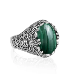 Filigree Art Bee Detailed Malachite Gemstone Women Silver Statement Ring - Shop Now