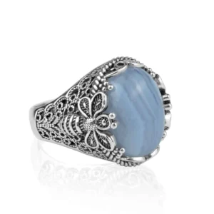 Filigree Art Bee Detailed Blue Lace Agate Gemstone Women Silver Statement Ring