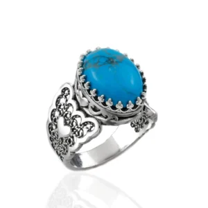 Turquoise Gemstone Double Heart Filigree 925 Sterling Silver Women Statement Ring - Elegant & Unique Jewelry