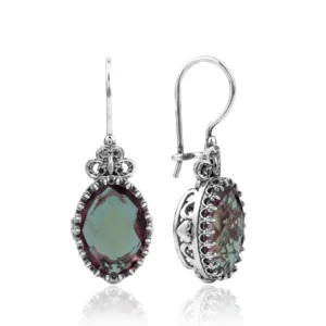Filigree Art Alexandrite Gemstone Heart Detailed Women Silver Oval Drop Earrings